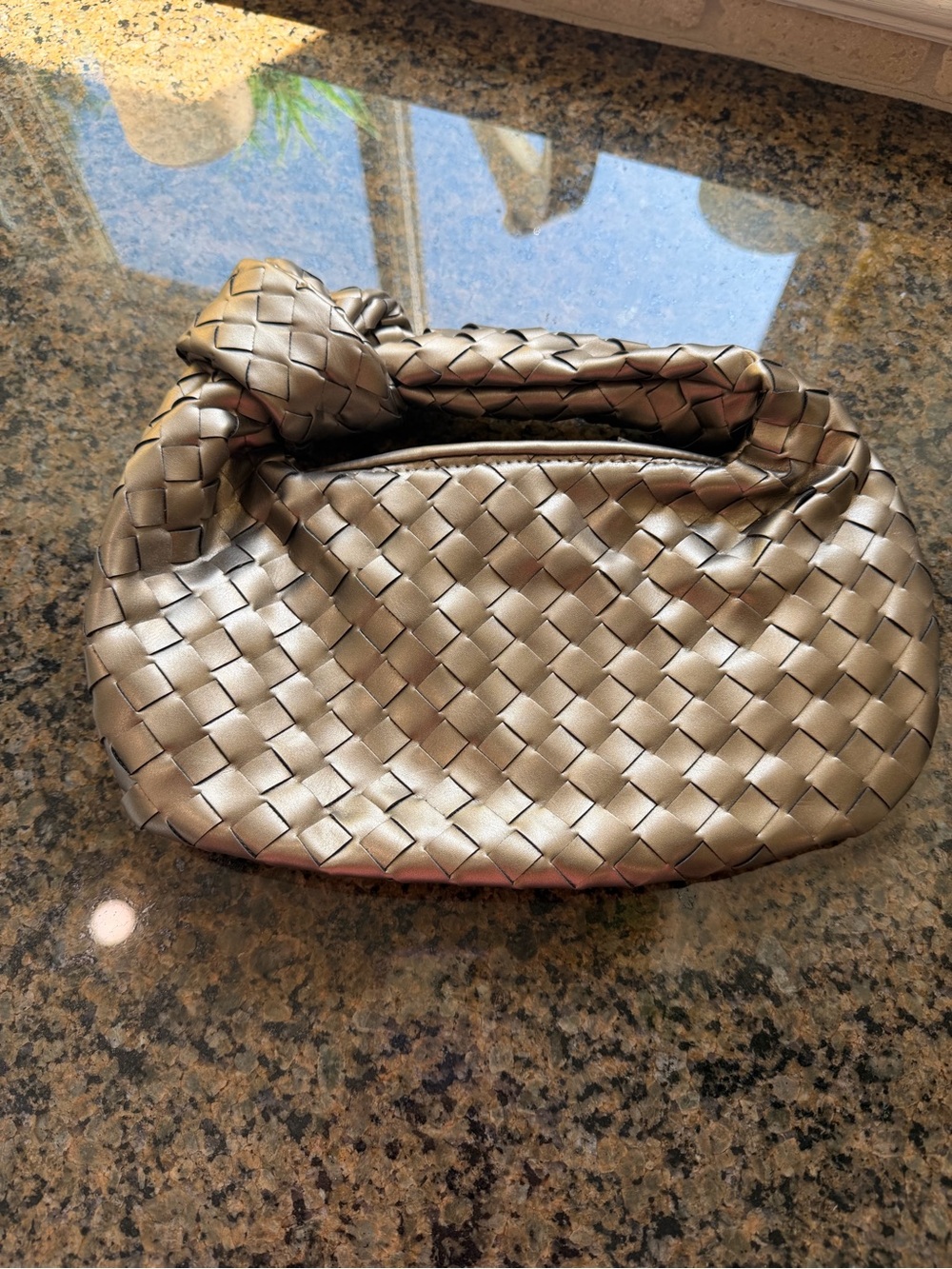Woven Knot Handle Shoulder Bag - Metallic Champagne